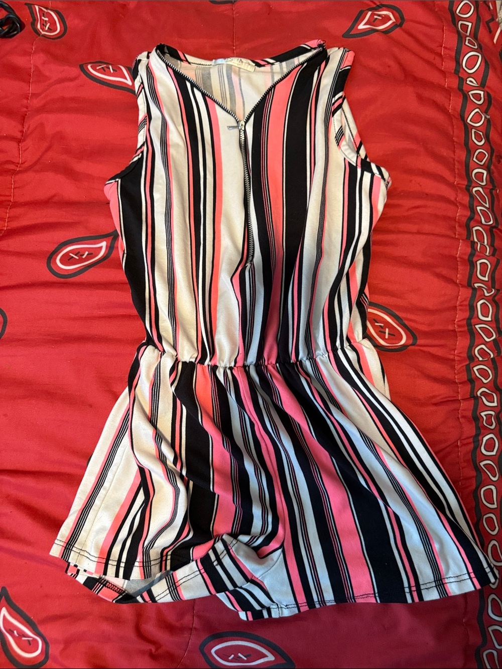 Smile 'You Are Beautiful' Striped Sleeveless Romper in Black, Pink & White XS